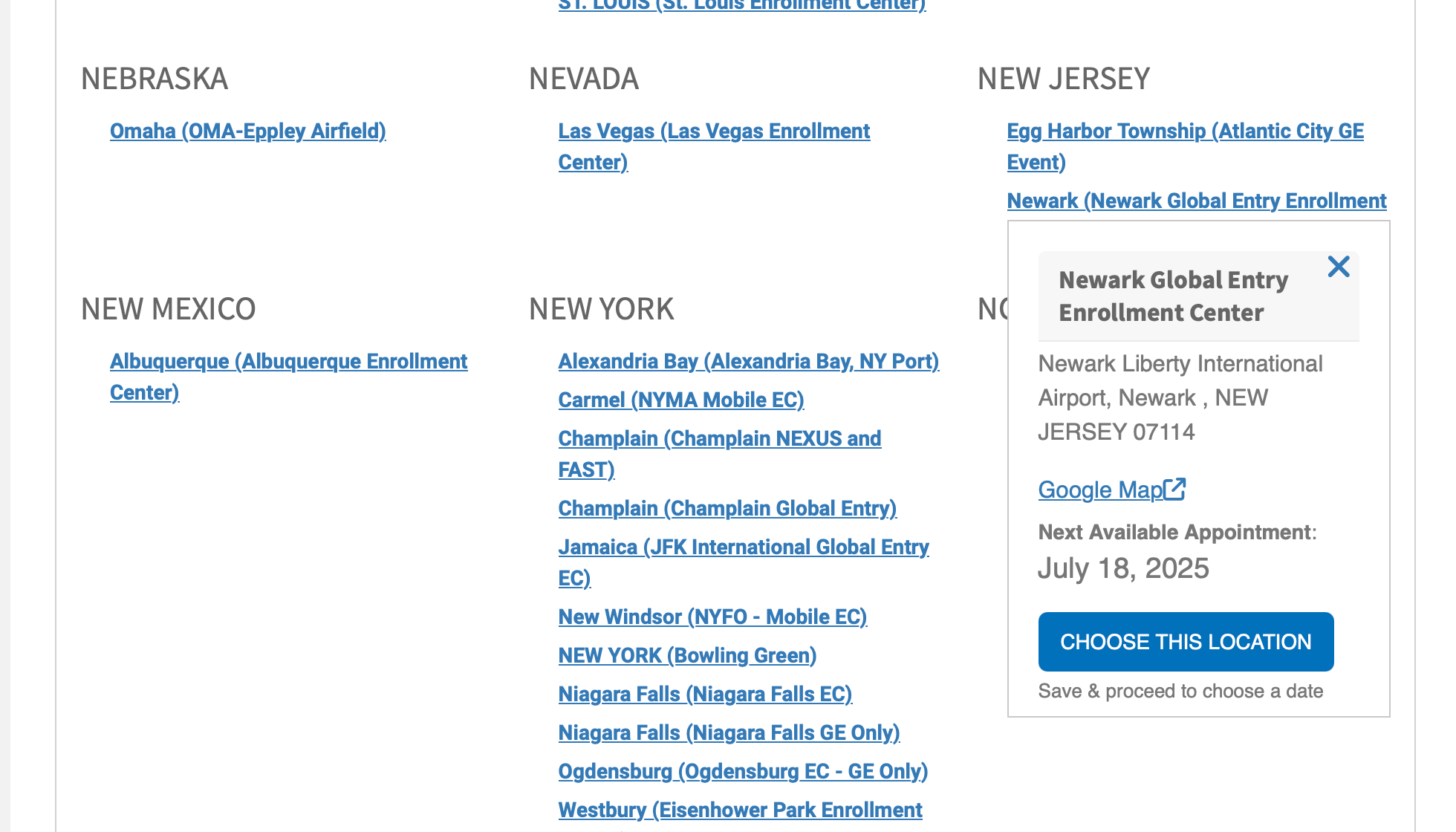 Global Entry appointment availability at specific locations.